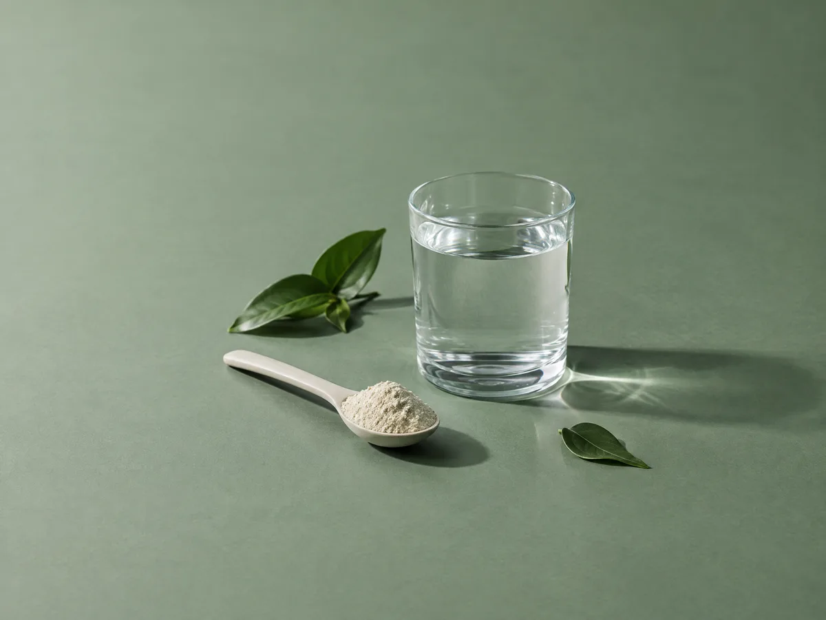 Polvo alimentario junto a un vaso de agua
